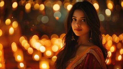 Portrait of a smiling young Indian ethnic female standing against a illuminated festival background.