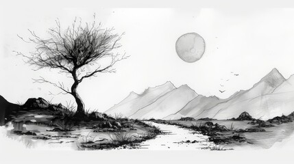 Fototapeta premium Tree and mountains drawing