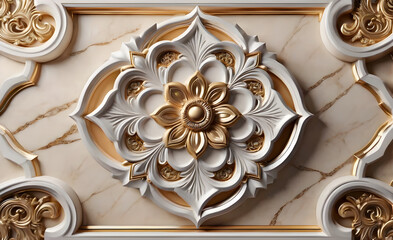 The mandala. white marble with floral pattern and golden elements.