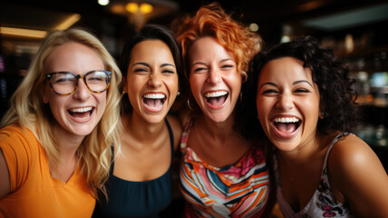 Cheerful young female friends having fun in cafe - obrazy, fototapety, plakaty