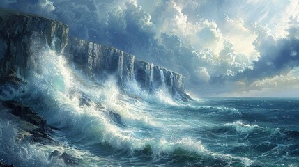 Illustrate the energy of crashing waves against rugged cliffs - obrazy, fototapety, plakaty