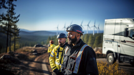 Workers in safety helmets working in countryside