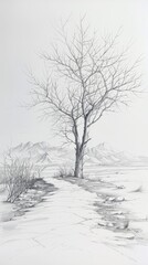 Fototapeta na wymiar Snow-covered tree in mountain landscape drawing