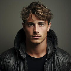 Obraz premium Serious young man in leather jacket standing against gray backdrop