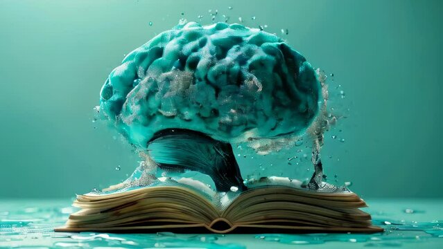 brain and open book on wood table and green background, education concept