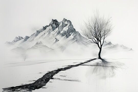 Tree covered in snow in mountain landscape