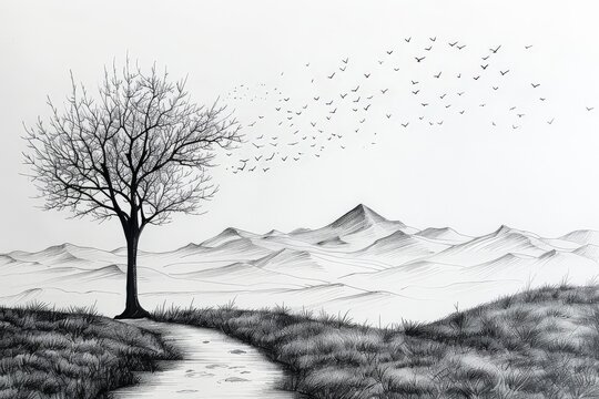 Tree with birds flying over in mountain landscape