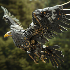 A robotic eagle, majestic and powerful, built from intricate machinery, soars with grace, its sensors mimicking avian movements convincingly 3D (Generative Ai)
