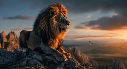 Majestic Lion Roaming the Vast Savannah Landscape at Sunset