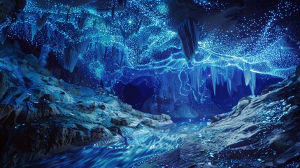 Bioluminescent algae covering the walls of the cave, creating a magical and enchanting atmosphere, a kingdom of wonders - obrazy, fototapety, plakaty