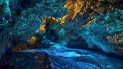 Bioluminescent algae covering the walls of the cave, creating a magical and enchanting atmosphere, a kingdom of wonders