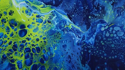 Electric blue and neon green pigments mix and collide to create intricate patterns and textures