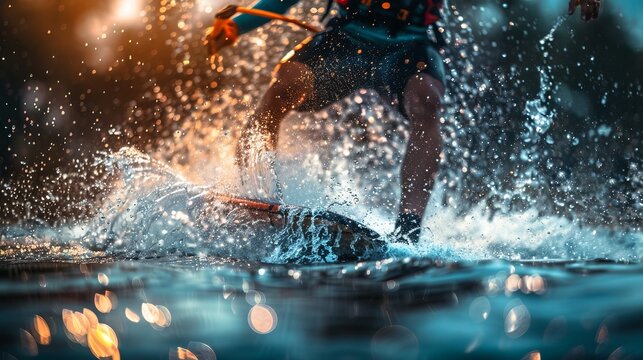 Illustrate the excitement of water sports with an image of a wakeboarder splashing