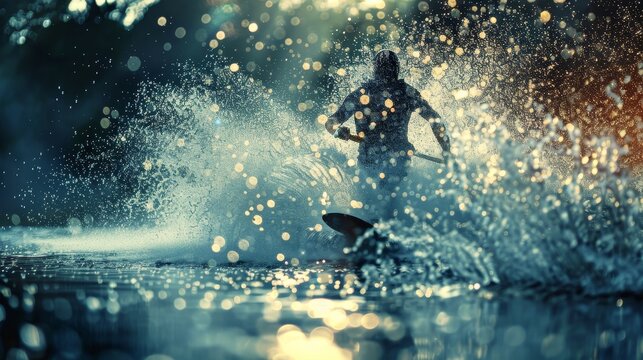 Illustrate the excitement of water sports with an image of a wakeboarder splashing
