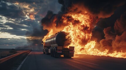 Strong flames engulfing a tanker truck on the road, sending thick black smoke into the sky - obrazy, fototapety, plakaty
