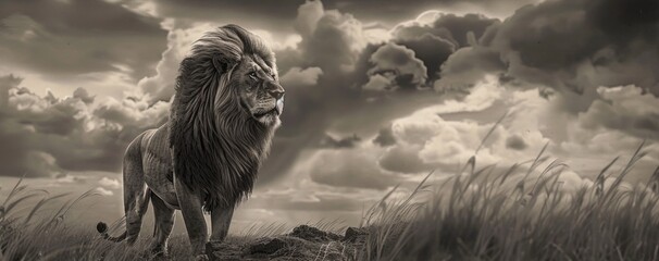 Majestic Lion Roaming the Vast Savannah Landscape at Sunset