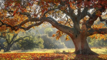 Vibrant colors of fall foliage surrounding a majestic oak tree