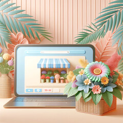 Laptop Displaying Flower Store with Real Floral Arrangements