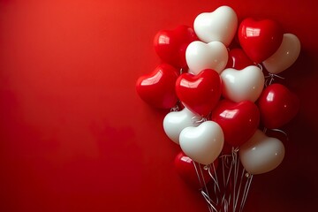 Heart shaped balloons on red background, flat lay with space for text