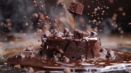 Illustrate the fluidity of liquid chocolate cascading over a cake - obrazy, fototapety, plakaty