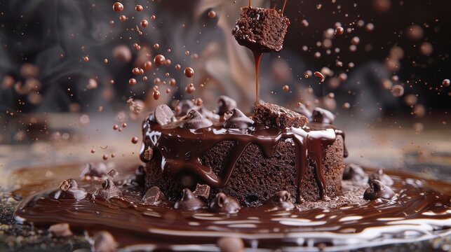 Illustrate the fluidity of liquid chocolate cascading over a cake