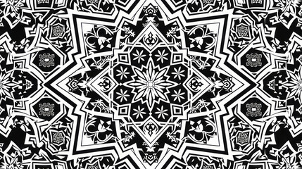 Wallpaper with intricate geometric pattern, intertwining lines and tribal style shapes forming a hypnotic maze of monochrome stars and triangles with a sense of depth 