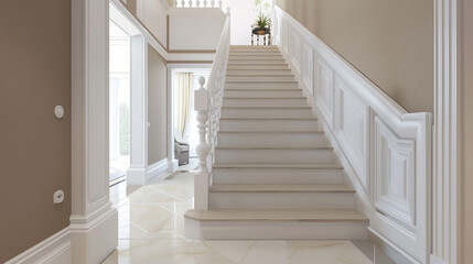 Elegant staircase with beige steps and white railing, embodying Scandinavian simplicity.