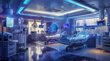 Medical equipment in a hospital ward from monitors and ventilators to ivs - obrazy, fototapety, plakaty
