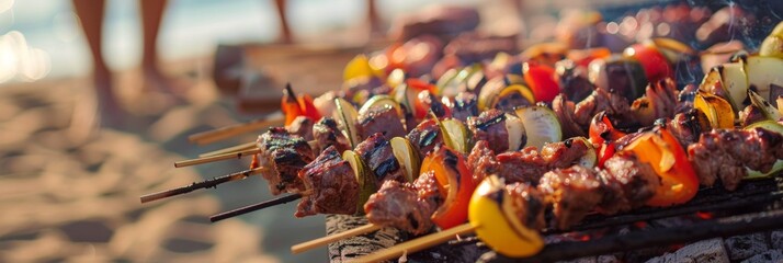 Beach party, guests enjoy grilled steak and hot sausage cooked on the grill