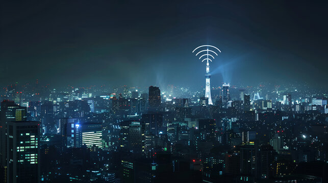 Cityscape with wifi connection conceptual,information communication technology  ,Smart city wireless communication network with graphic showing concept of internet of things