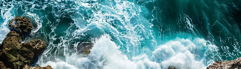 Teal ocean waves crashing on olive green cliffs, navy blue horizon. - obrazy, fototapety, plakaty