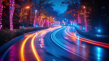 Fotobehang Slow shutter capture of car light trails in a city, night photography, night traffic in the city © Super Shanoom