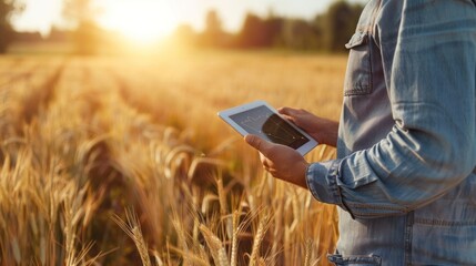 An outdoor scene of the agronomist using GPS technology on the digital tablet to map the wheat field.  - obrazy, fototapety, plakaty