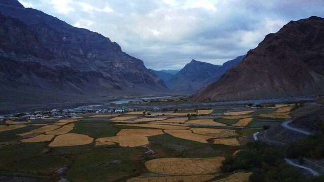 Aerial Shots of a small Village in Spiti valley in Himachal Pradesh India - agricultural lands in Himalayan Valley