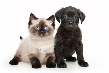 Black labrador puppy and Siamese kitten sitting up facing front, looking at camera. Isolated on a white background.