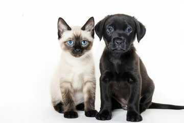 Adorable black labrador puppy and Siamese kitten sitting up facing front, looking at camera. Isolated on a white background.