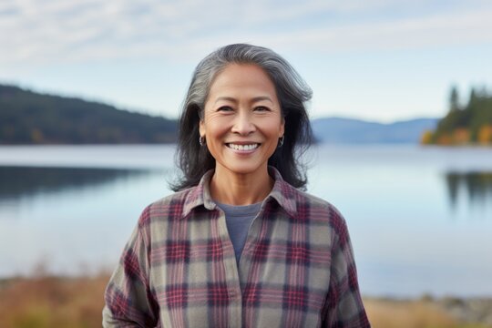 Portrait of a grinning asian woman in her 50s wearing a comfy flannel shirt on serene lakeside view