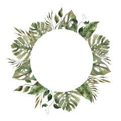 Monstera, banana, calathea, colocasia, vines, philodendron. Watercolor tropical round frame in monochrome style, floral and plant trend. Composition for invitations, cards, packaging design, holidays - obrazy, fototapety, plakaty
