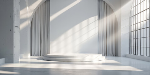 Fototapeta premium empty White podium on empty room with spotlights on white background, for product display, empty white round concrete podium 