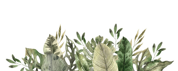 Monstera, banana, calathea, colocasia, philodendron. Watercolor tropical border in monochrome style, floral and plant trend. Composition for invitations, cards, packaging design and holidays