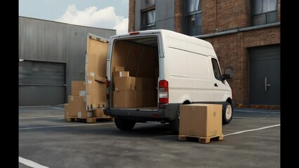 Delivery van with open doors and hand truck with cardboard boxes