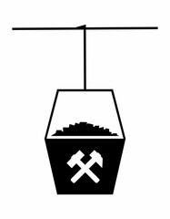 mining of minerals, cable car with coal cart, symbol, black color on white background, vector icon
