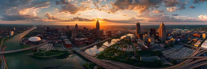 Fotobehang Breathtaking Aerial View of Cleveland, Ohio - An Exquisite Blend of Urban Architecture and Natural Beauty at Sunset © Leah