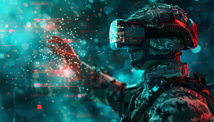 A man in a military uniform is wearing a virtual reality headset by AI generated image - obrazy, fototapety, plakaty