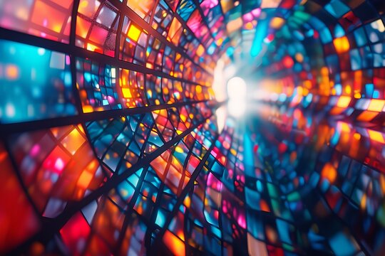 A colorful, abstract image of a tunnel with a bright light shining through it