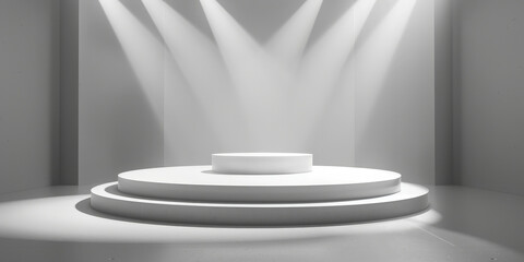 empty White podium on empty room with spotlights on white background, for product display, empty white round concrete  podium 