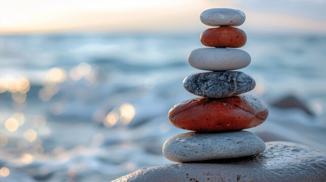 A stack of smooth round stones placed on top of each other, against the ocean. 