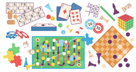 Board games cartoon set. Chess and puzzle, game cards and bones. Various types equipment for leisure and friends meet, decent vector collection