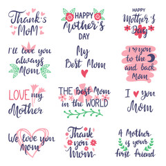 Lettering for mother. Moms day congratulated handwriting phrases, thank you and kiss. Decorative typography elements, neoteric vector set