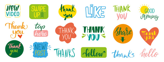 Social media phrases. Handwritten posts, stickers with gratitude for subscribers and followers. Modern communicative elements neoteric vector set